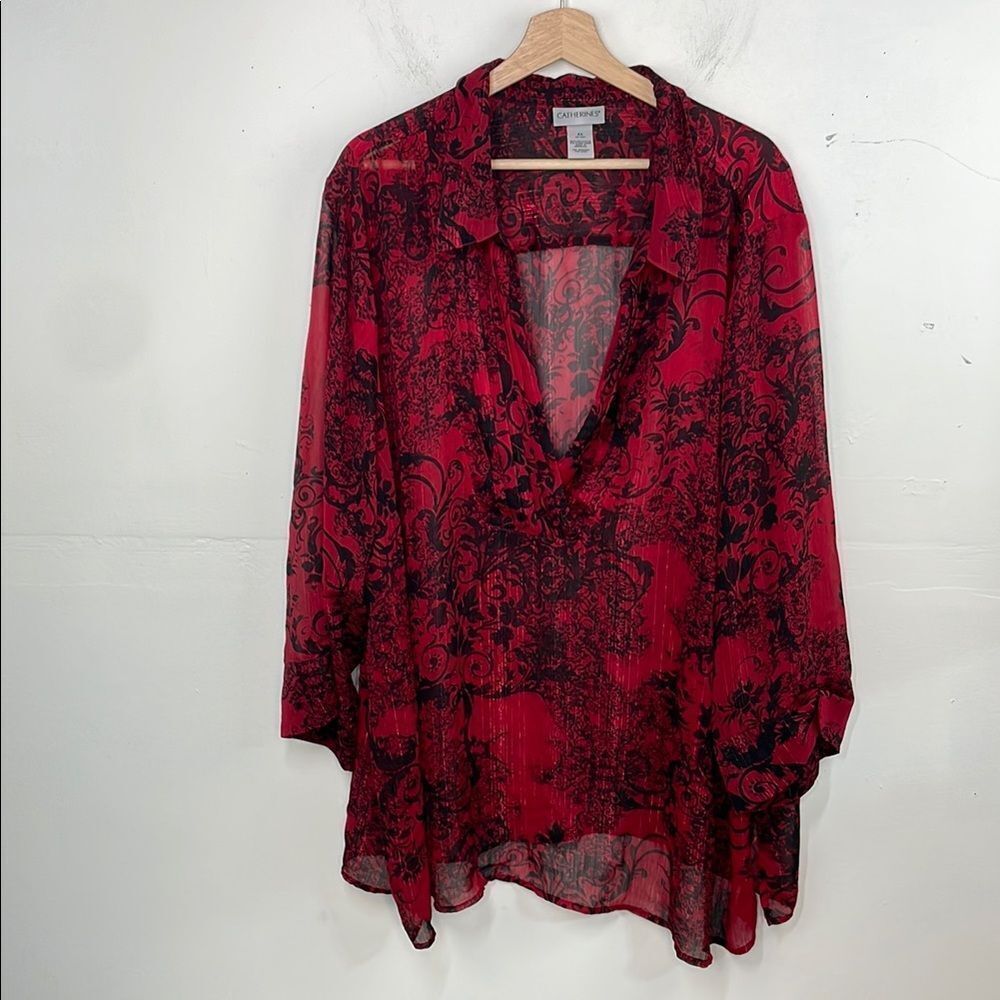 Catherines Red and Black Oversized Blouse pullover v neck sheer size 4X